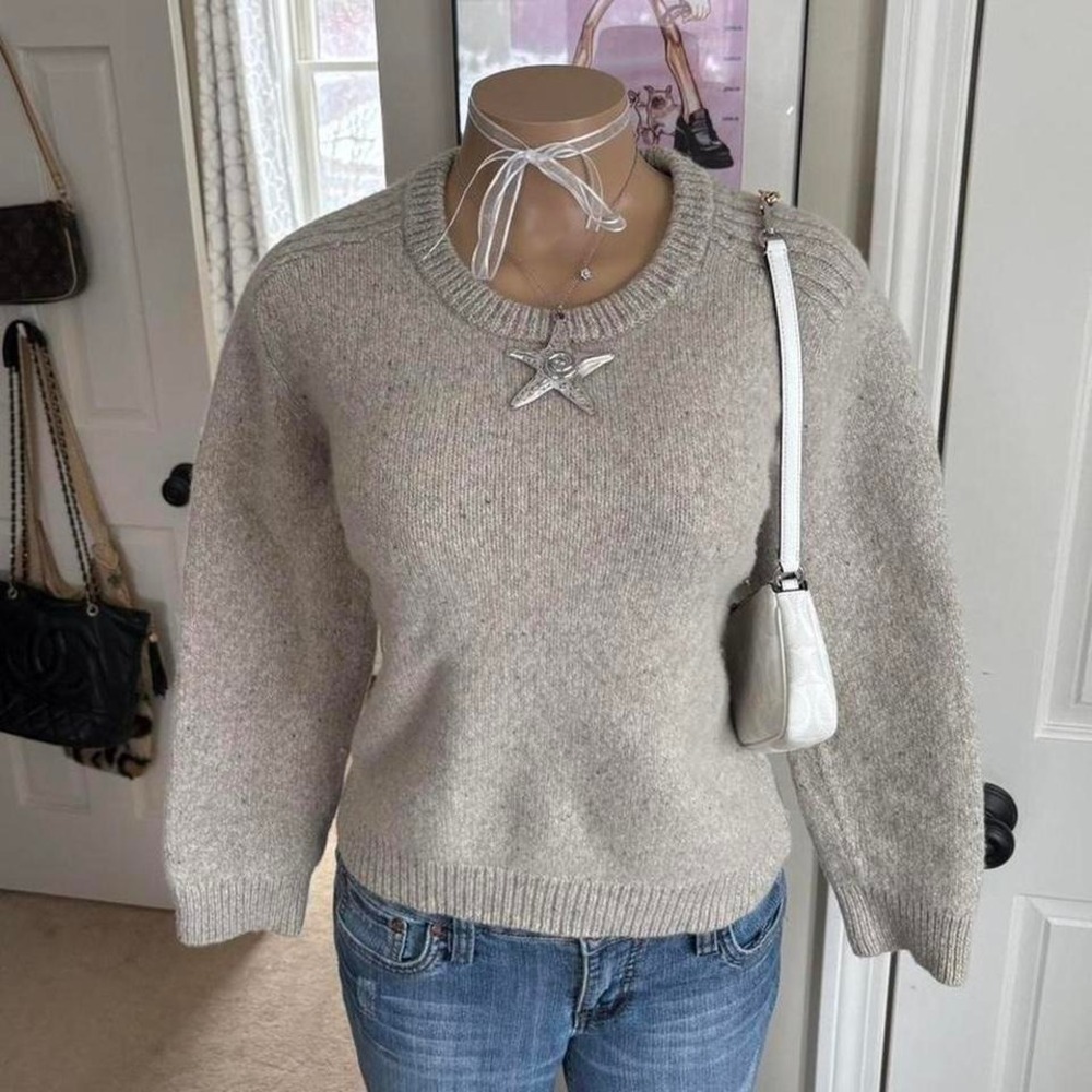 Y2K 2000s LL Bean minimalist Oatmeal lambswool long Sleeve Knit Sweater